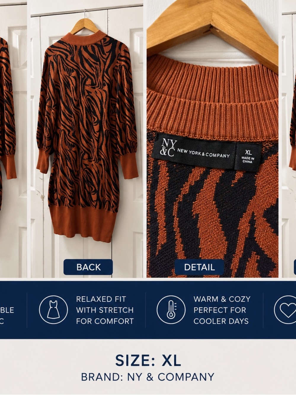 New York & Company Rust and Black Zebra Knit Sweater Dress - XL